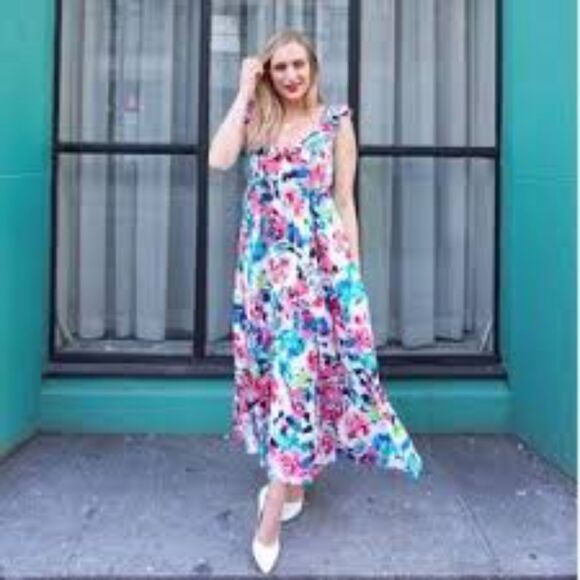 H&M Sundress Women L Summer Picnic Frill Flounce Ruffle Floral Flowy Maxi - Picture 1 of 7